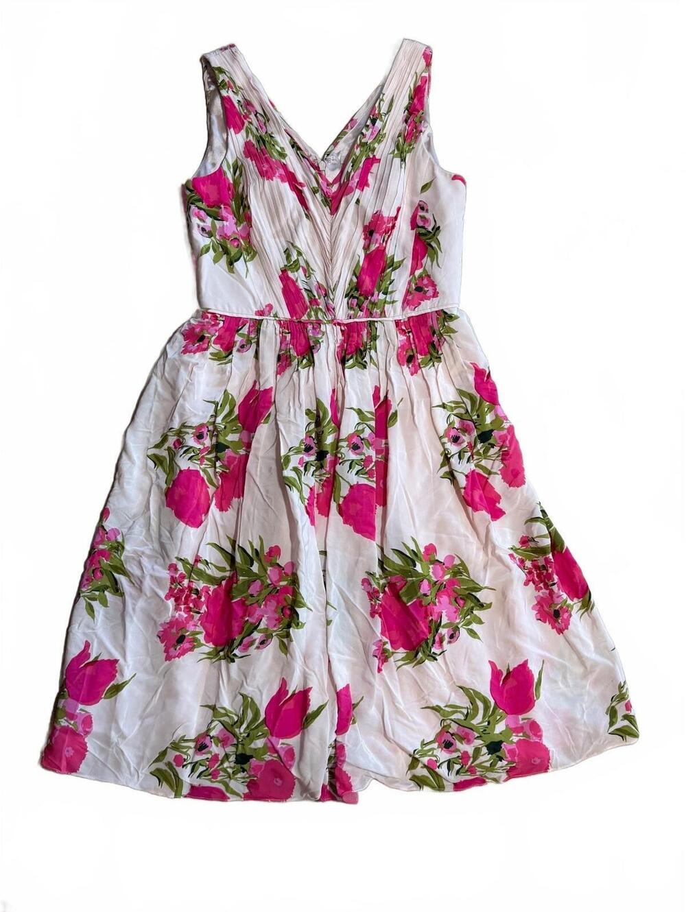 Boden Dress Women's Size 6L Pink Floral V Neck Pleated A Line Lined Cocktail NWT